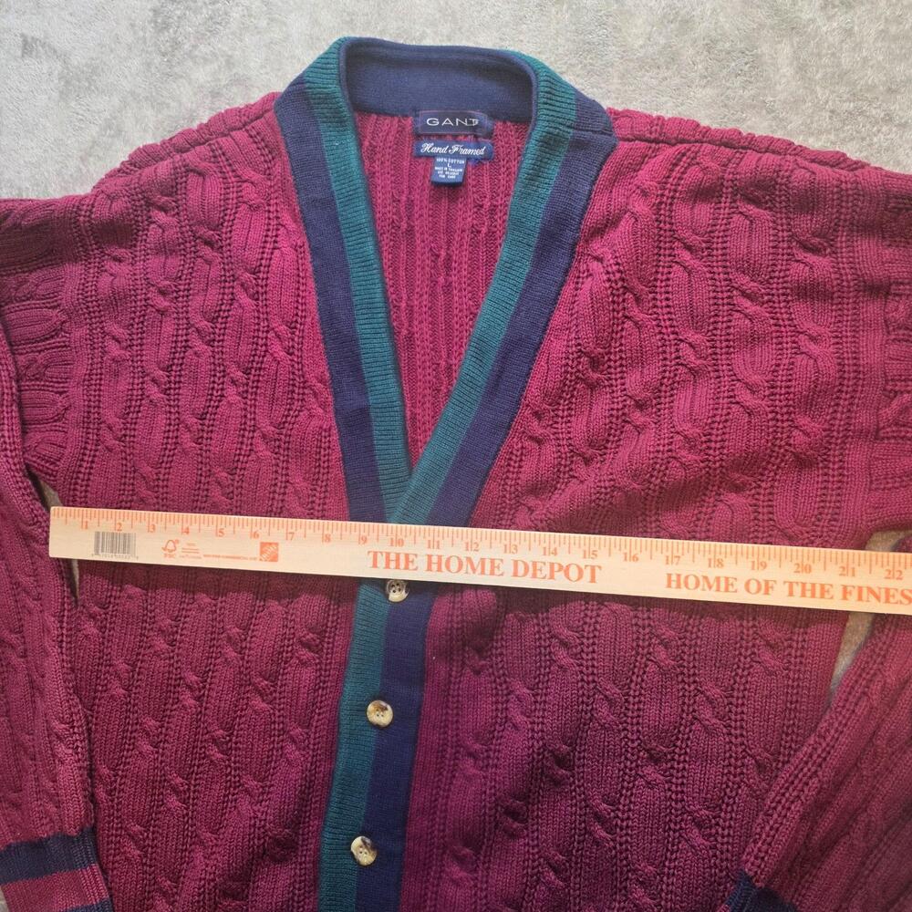 Gant Sweater Mens L Red Cable Knit V-Neck Button Front Cardigan Hand Framed - Picture 7 of 9
